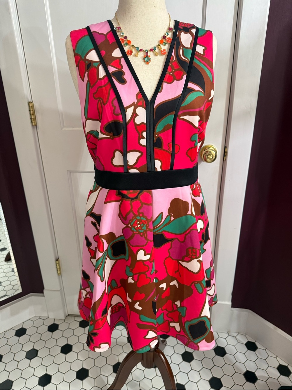 Ted Baker London Pink Multi Floral V-Neck A-Line Mini Dress with Black Waist